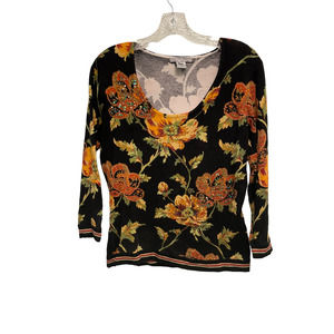 ALBERTO MAKALI Floral Beaded Sequin 3/4 Sleeve Top Blouse Women’s Size Large